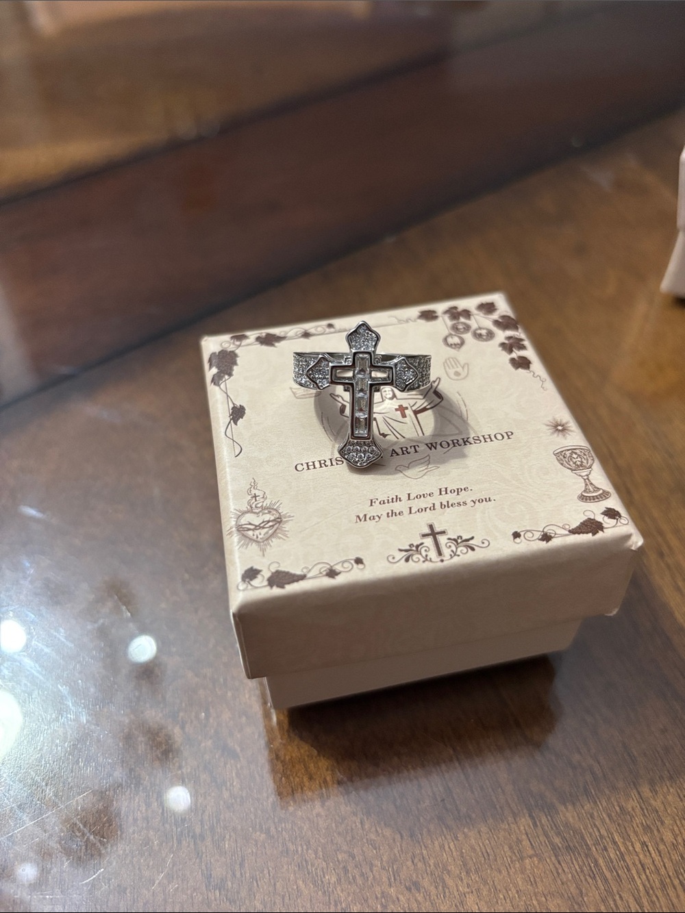 Cross Pendant Ring with Decorative Accents - Silver Tone